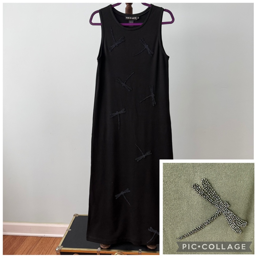 🖤 RICHARD Black Beaded Dragonflies Maxi Dress Size S Sleeveless 90s Cotton